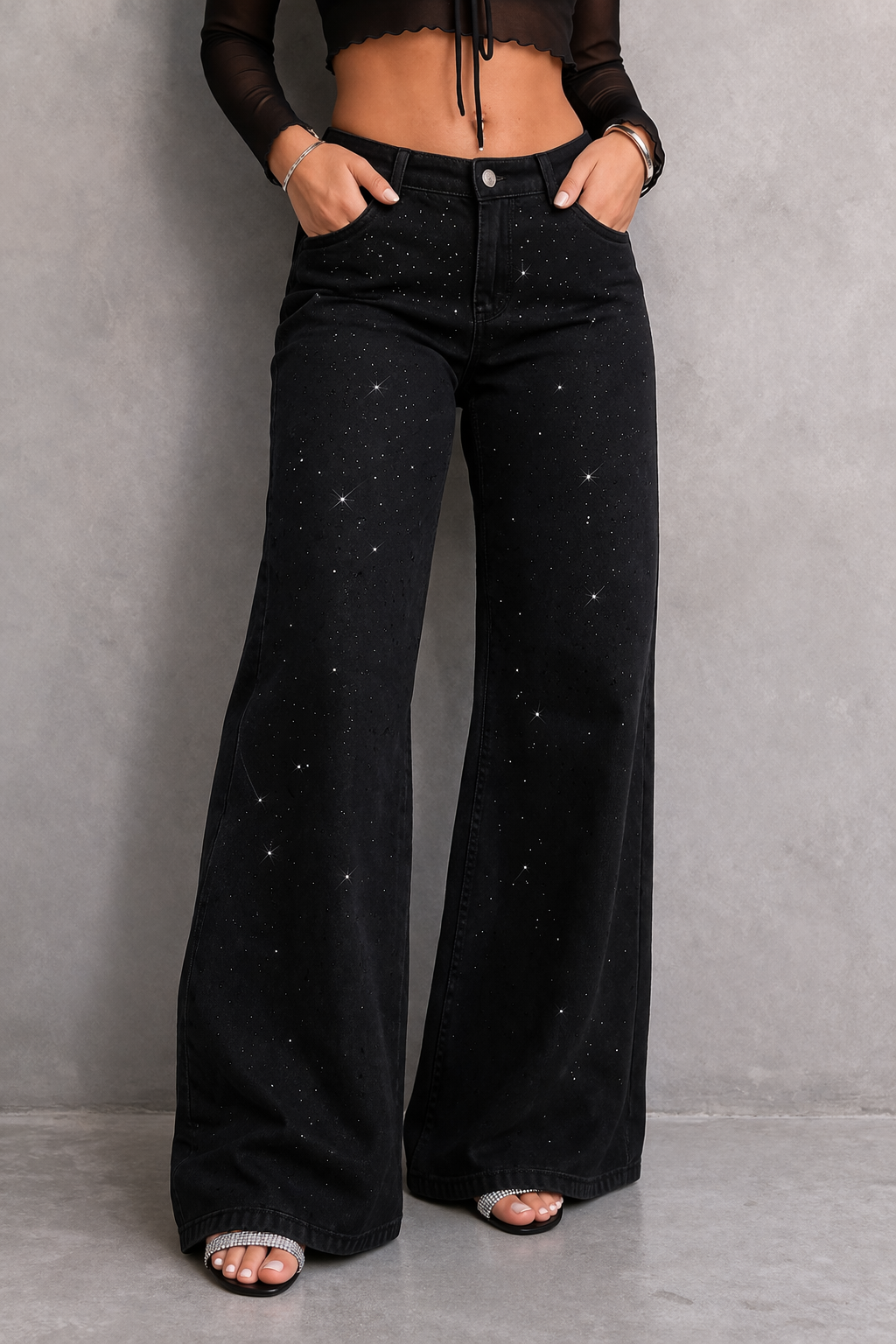 GLOW NOIR — JEAN WIDE LEG CON BRILLOS