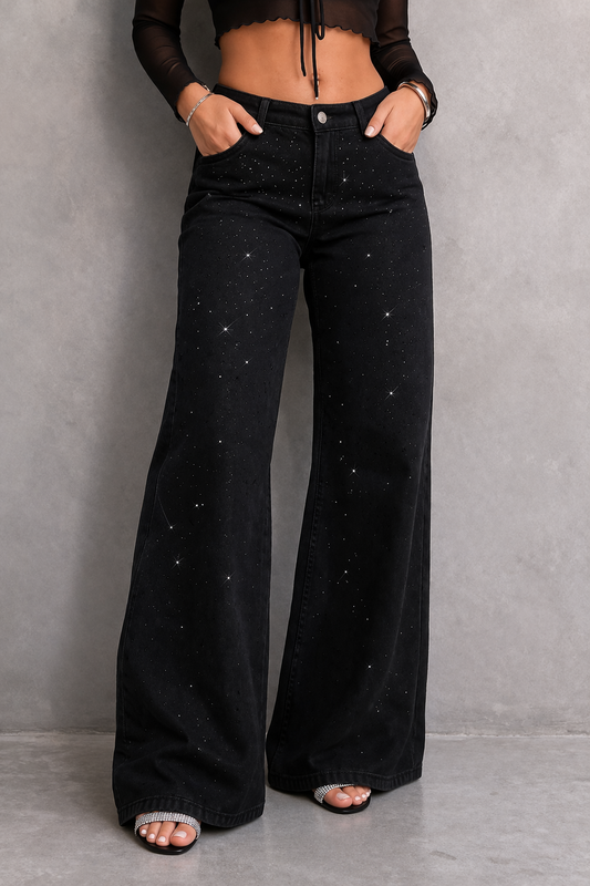 GLOW NOIR — JEAN WIDE LEG CON BRILLOS